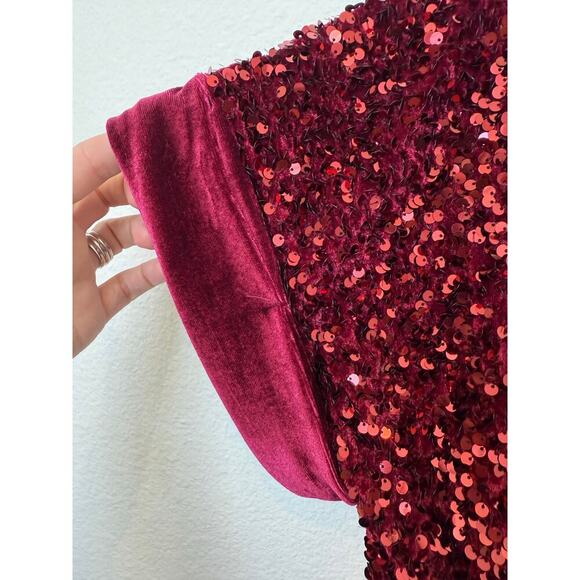 NWT Umgee Sequin Velvet Short Sleeve Top Maroon Burgundy Wine Medium - Picture 2 of 7